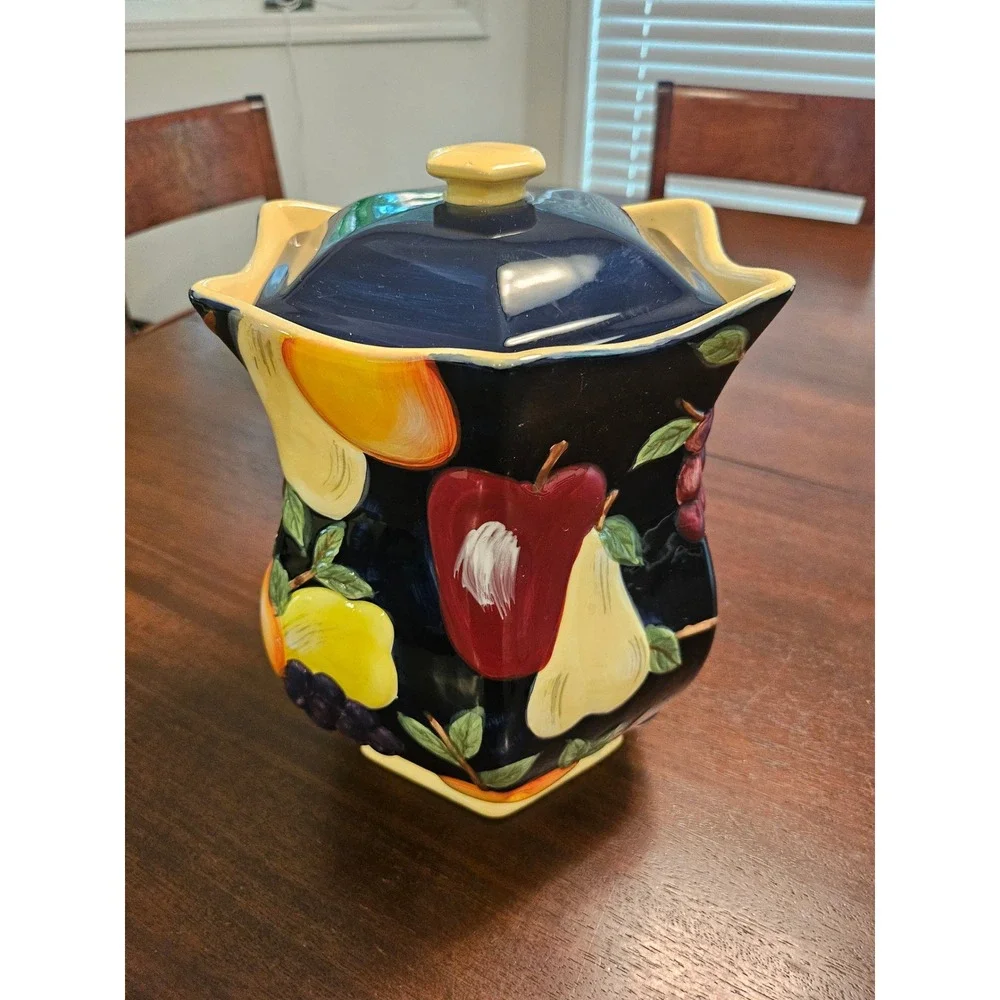 Nonnis Biscotti Cookie Jar Kitchenware Large Black Fruit Patterned Ceramic